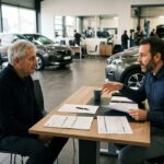 Un particulier assis face à un conseiller commercial dans une concession automobile, un contrat de leasing social et une