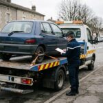 Un véhicule embarqué sur un camion de fourrière avec un agent des forces de l'ordre tenant un procès-verbal