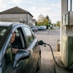 Un automobiliste consulte son téléphone devant une pompe à essence affichant les prix, station-service en arrière-plan un